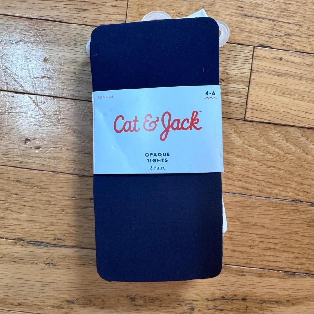 Cat & Jack Kids 2 Pack Opaque Footed Tights Navy White Size 4-6